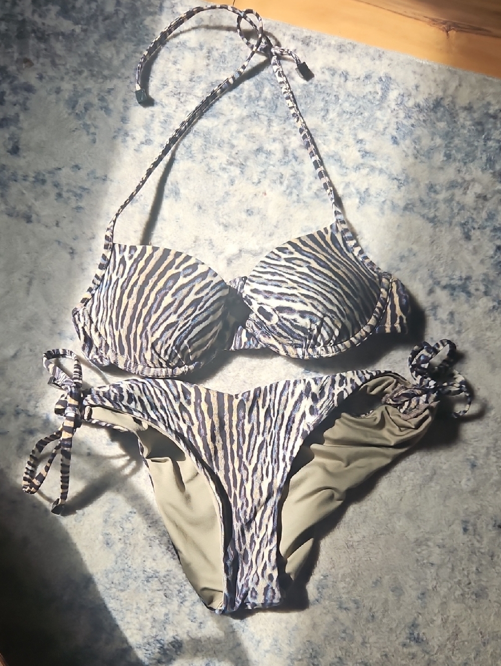 Zebra-Print Push-Up Bikini Set in Blue and Olive
